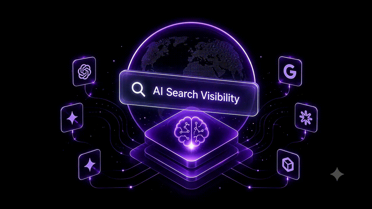 Glowing globe with AI brain chip and search bar, surrounded by AI assistant icons